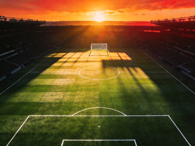 夕阳下的足球场全景航拍